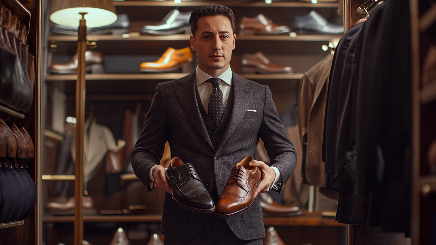 Man wearing dark suit choosing between black and brown dress shoes, demonstrating the art of shoe and suit pairing