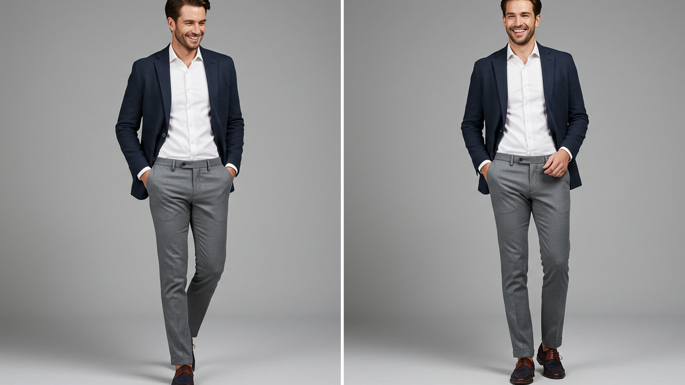 Male model demonstrating versatile men's trouser colors with gray pants, white shirt and navy blazer showcasing essential pant colors for stylish men's wardrobes