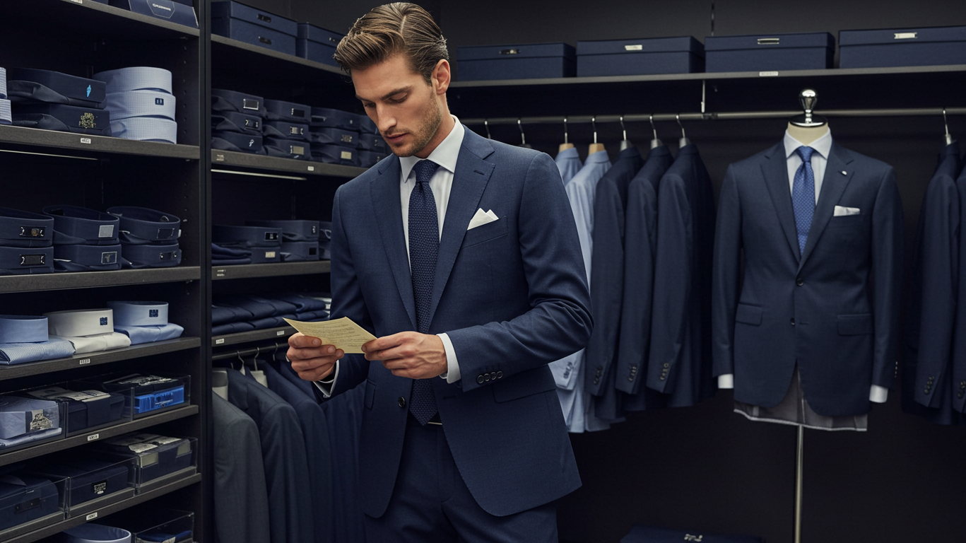 Professional man evaluating menswear budget options with organized wardrobe display showing quality suits, shirts and shoes for strategic clothing investment planning