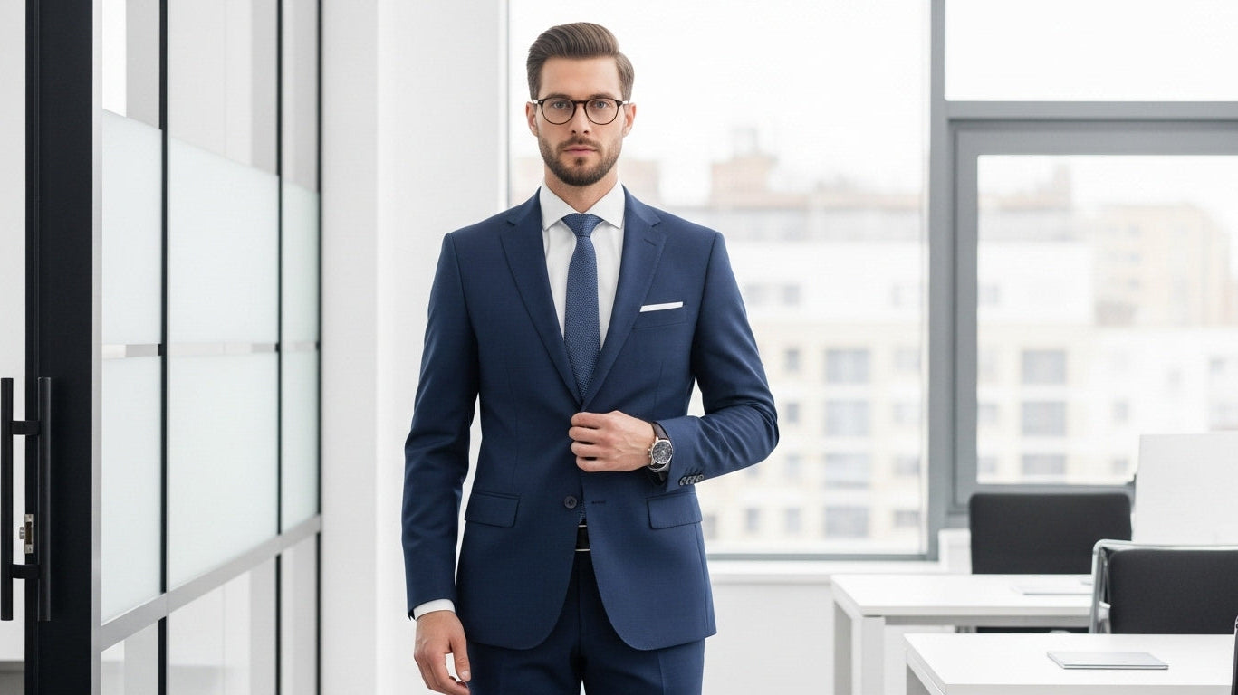 Modern gentleman wearing perfectly fitted navy business suit demonstrating proper menswear tailoring and professional style in contemporary office environment
