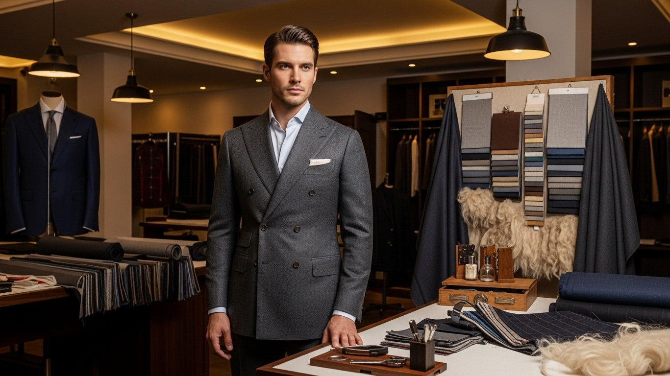 Male model examining natural fiber fabric samples including wool cotton silk linen in tailoring studio with fabric composition labels and quality clothing materials for garment construction assessment