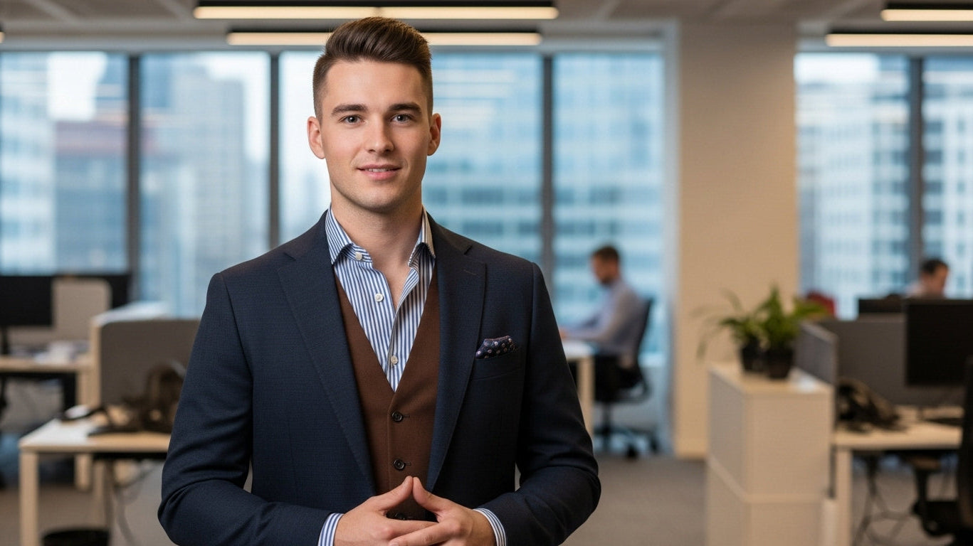 Navy blazer outfit with striped shirt brown waistcoat menswear styling professional look classic mens fashion versatile blazer coordination