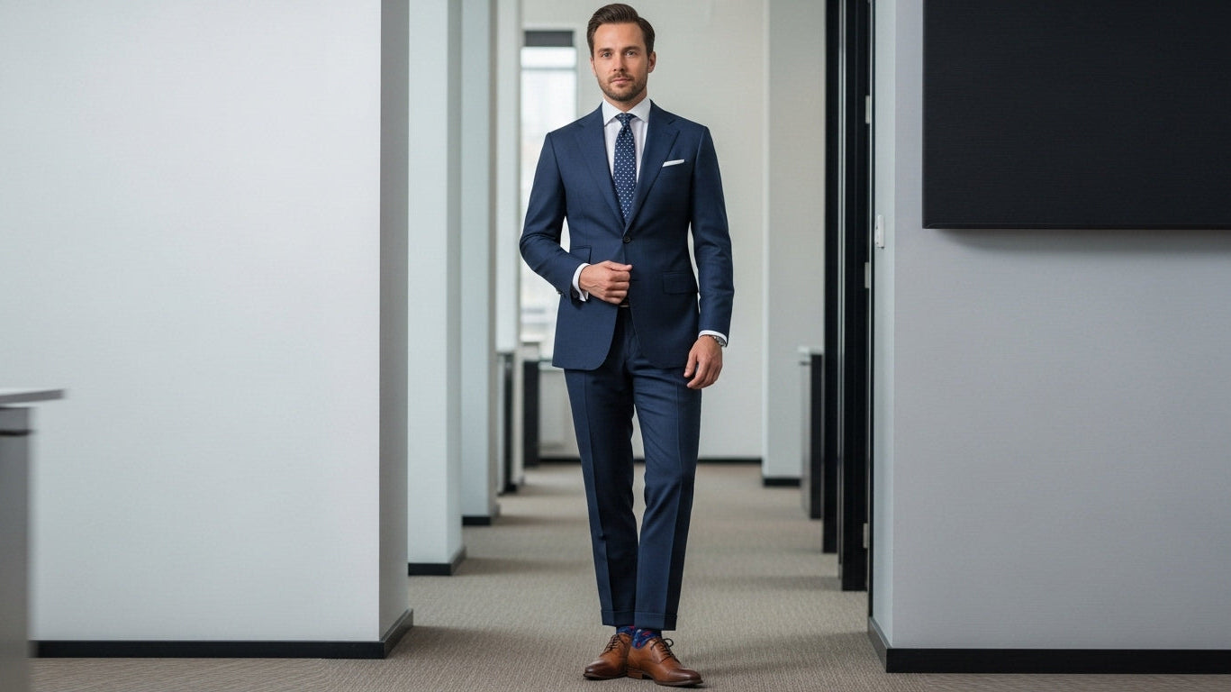 Well-dressed man wearing navy business suit with brown leather dress shoes and colorful patterned socks in modern office setting demonstrating personal menswear style choices