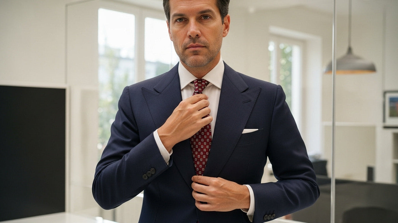 Professional man wearing navy business suit with burgundy patterned silk tie in modern office setting demonstrating proper necktie styling and formal menswear