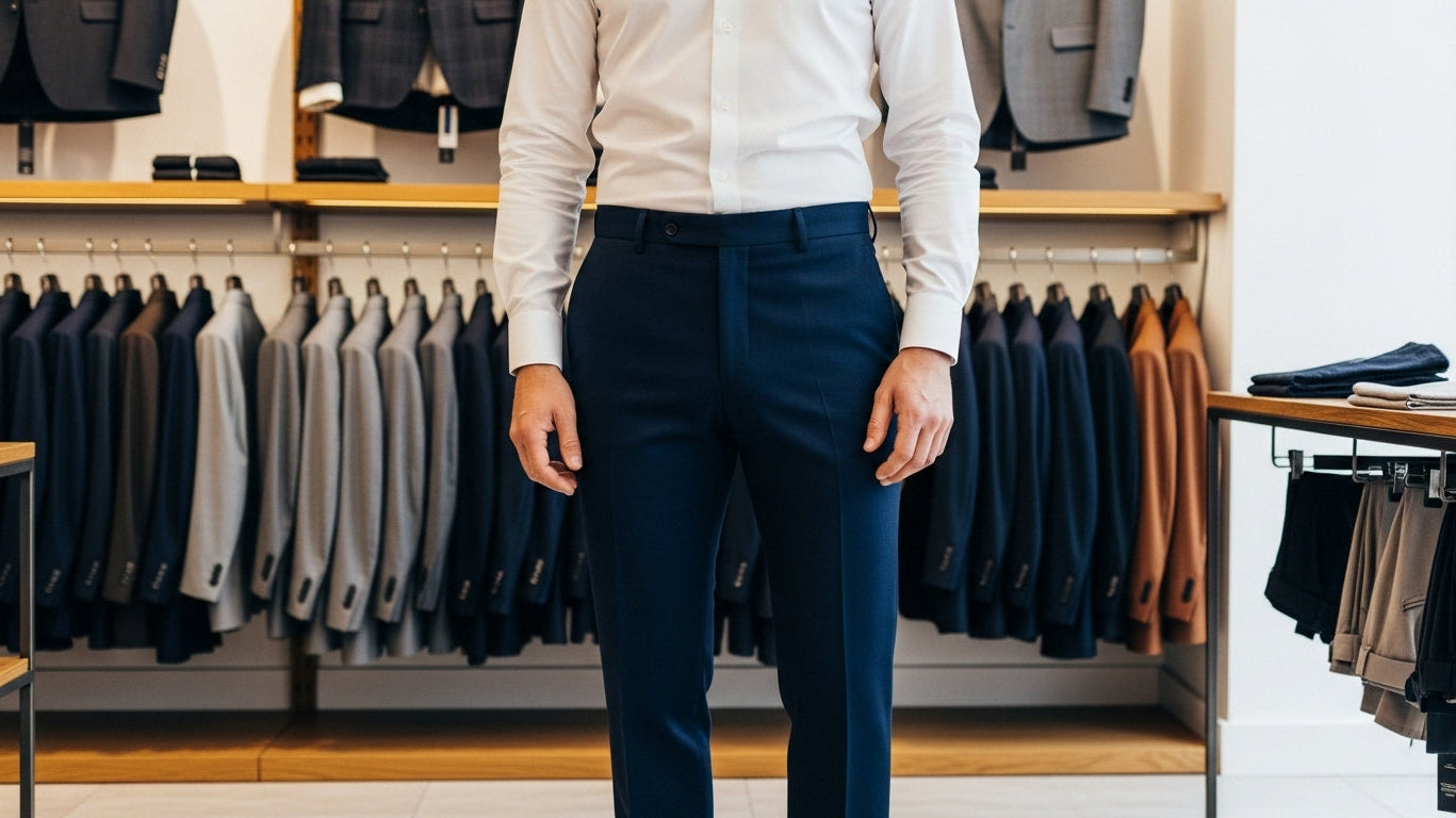 Male model wearing navy trousers custom fitted pants mens body type guide well fitted dress pants business casual menswear boutique setting