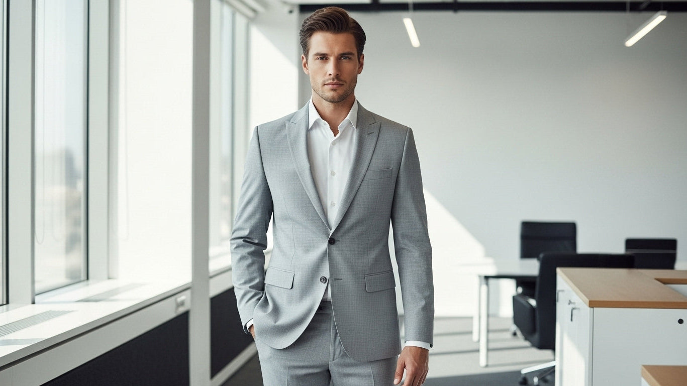 Professional male model wearing light gray summer suit with white dress shirt in modern office showing lightweight business attire for hot weather professional menswear
