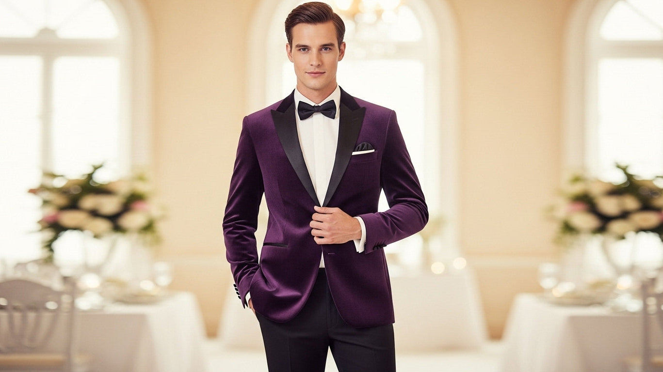 Purple velvet dinner jacket with peak lapels single button closure for wedding formal wear men's bespoke tailoring custom-made evening jacket plush fabric texture rich color formal occasion attire