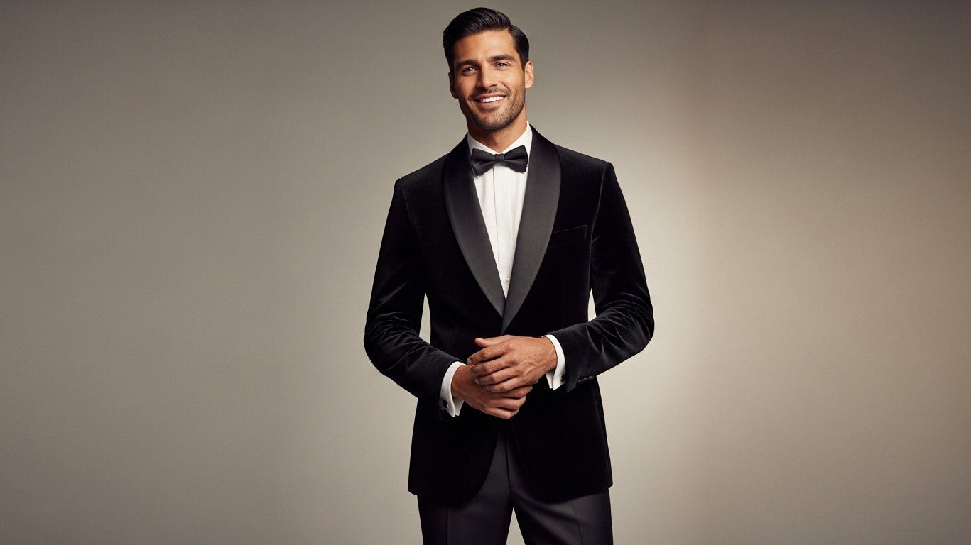 What trousers to wear with smoking jacket guide showing men's smoking jacket styling with velvet smoking jacket outfit and dinner jacket trousers for semi-formal evening wear occasions