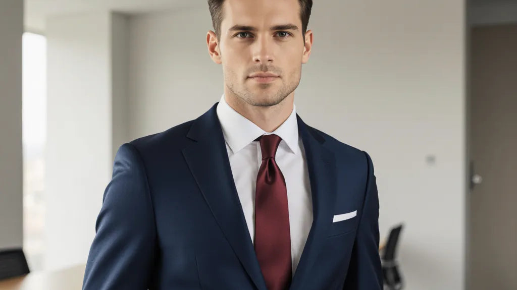 Sophisticated colors for men navy blue suit burgundy tie white dress shirt professional menswear power colors business attire elegant style guide