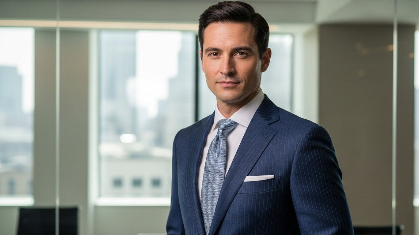 Striped suit guide showing pinstripe suit and chalk stripe suit patterns for mens striped suits including types of striped suits with classic suit stripes in navy and grey wool fabrics for gentleman's wardrobe suit options