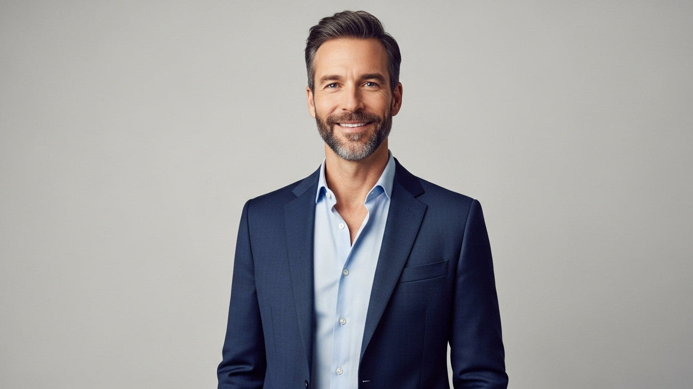 Style tips for skinny men over 40 showing professional man in navy blazer demonstrating proper fit for lean frame men's fashion and how to dress when you're skinny with structured clothing