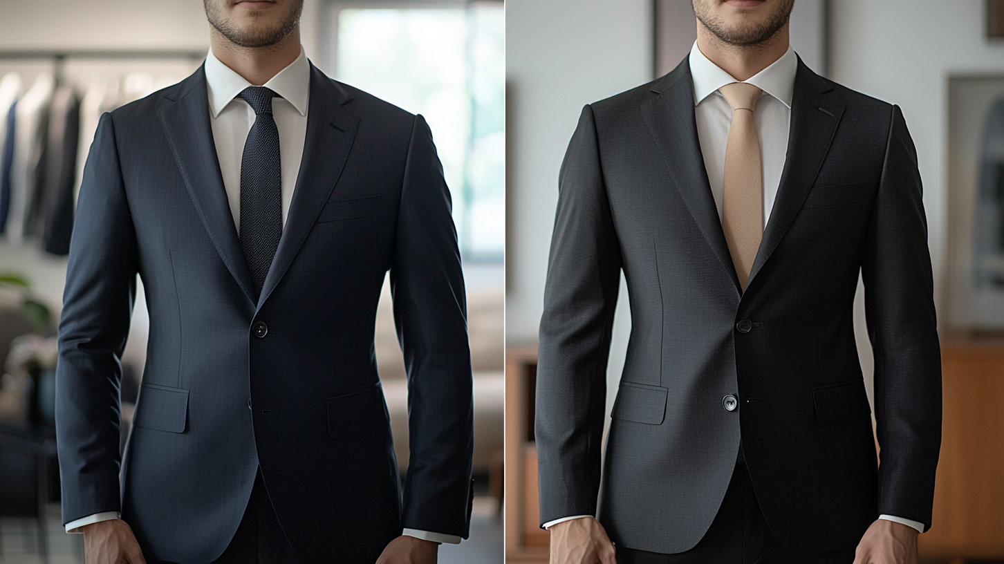 Side-by-side comparison of suits with low and high armholes, demonstrating improved fit and mobility with higher armholes
