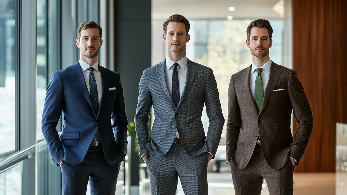 Professionals in navy, grey, and brown suits demonstrating versatile suit color choices in modern office setting