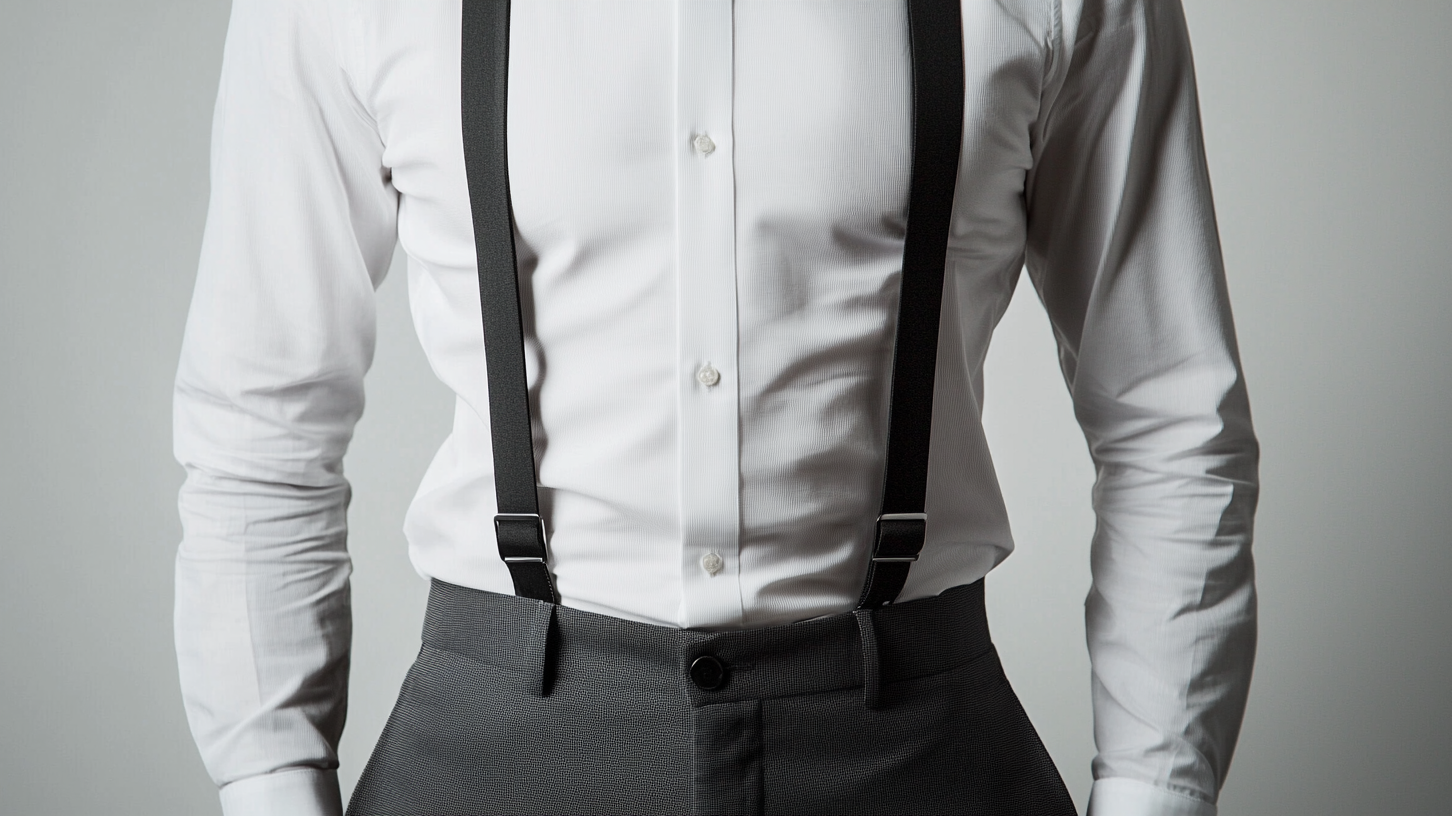 Man wearing suspenders with dress shirt and trousers, showcasing elegant vertical lines and sleek silhouette