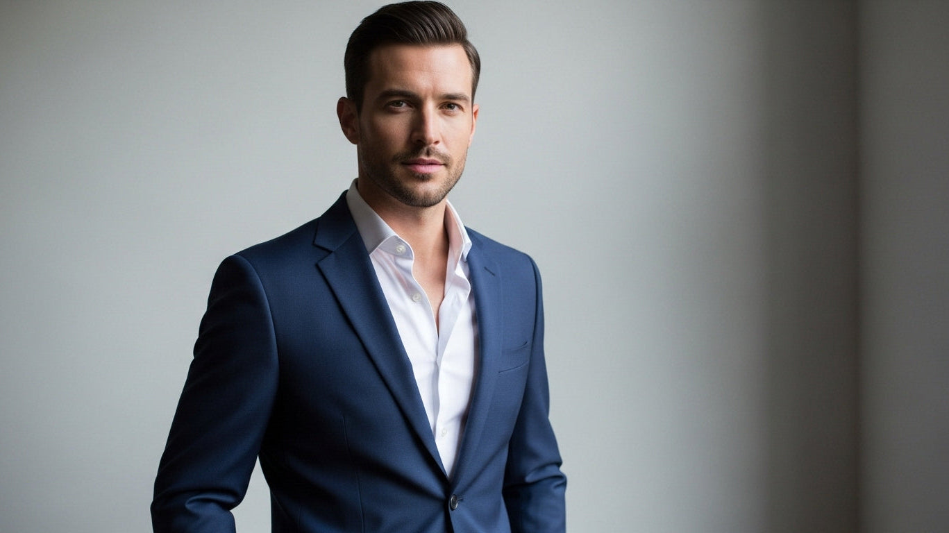 Three blue jackets for men styling and outfit ideas featuring blue and gray jacket, navy safari jacket, lightweight blue Donegal jacket with navy suit trousers, olive trousers, smart casual jacket combinations for men's fall wardrobe