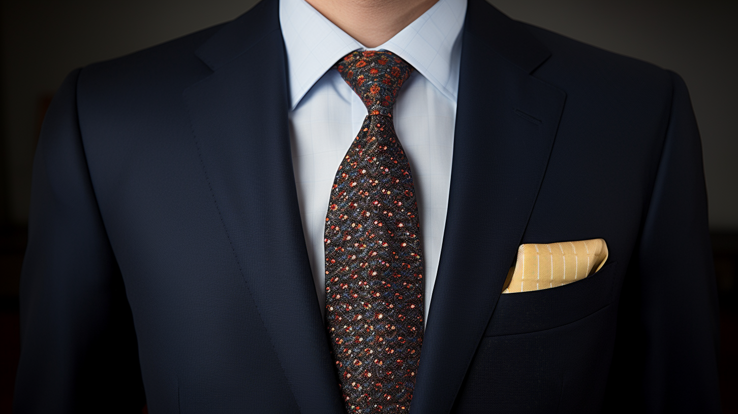 Three tie options - silk, knitted, and bow tie - displayed with navy suit jacket and white shirt