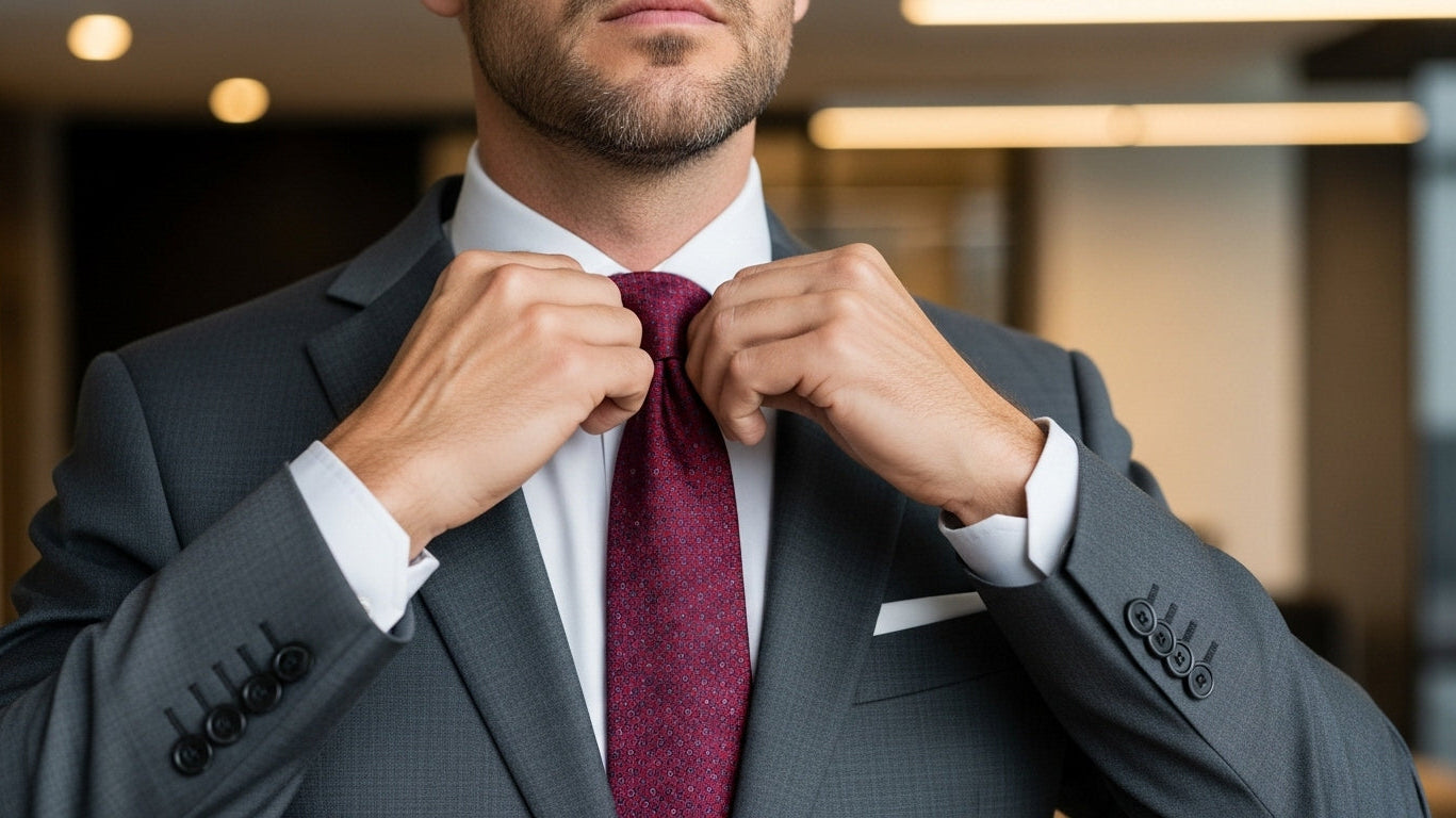 Premium silk ties in navy burgundy and gray featuring paisley foulard patterns for professional menswear styling business attire dress codes formal wear trends custom ties bespoke neckwear gentleman accessories intentional dressing