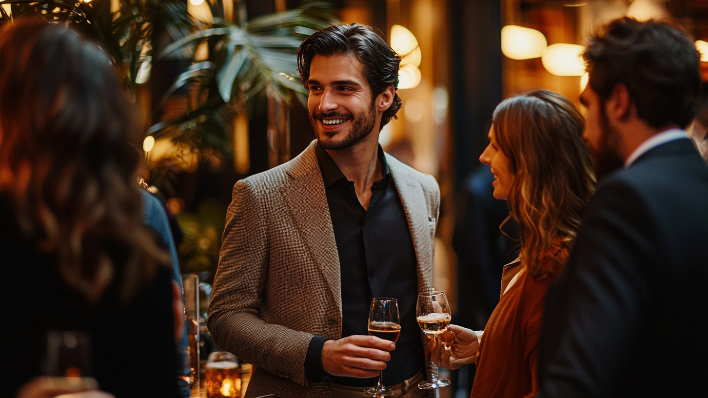 Stylishly dressed man at center of attention during social gathering, demonstrating attraction and positive social perception