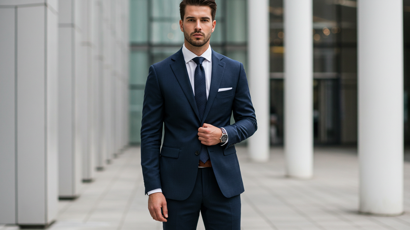 Male model wearing properly fitted navy business suit demonstrating correct posture and tailoring for lean masculine appearance in urban setting