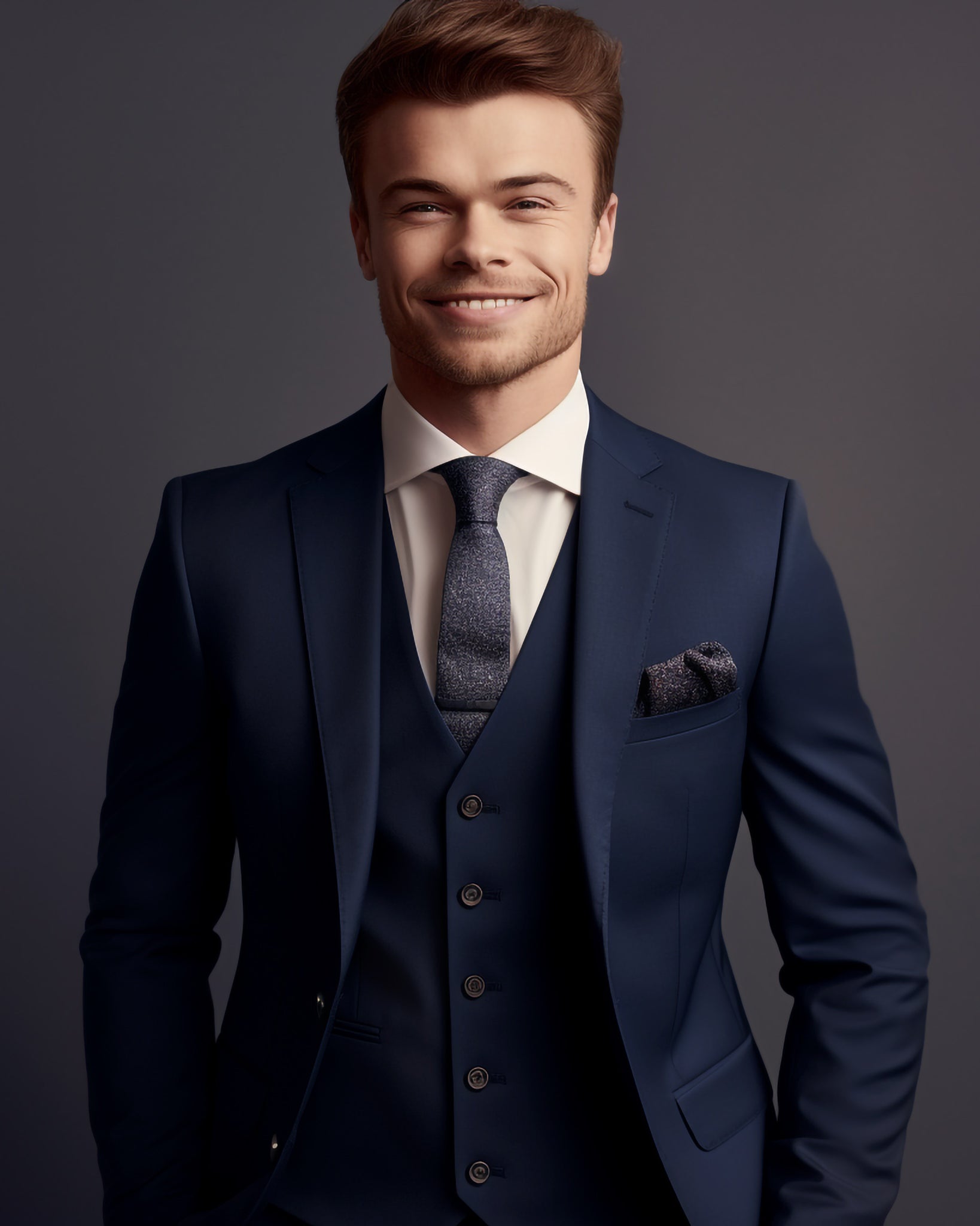 Custom tailored plain weave navy men's suit, front view with blazer and trousers for work