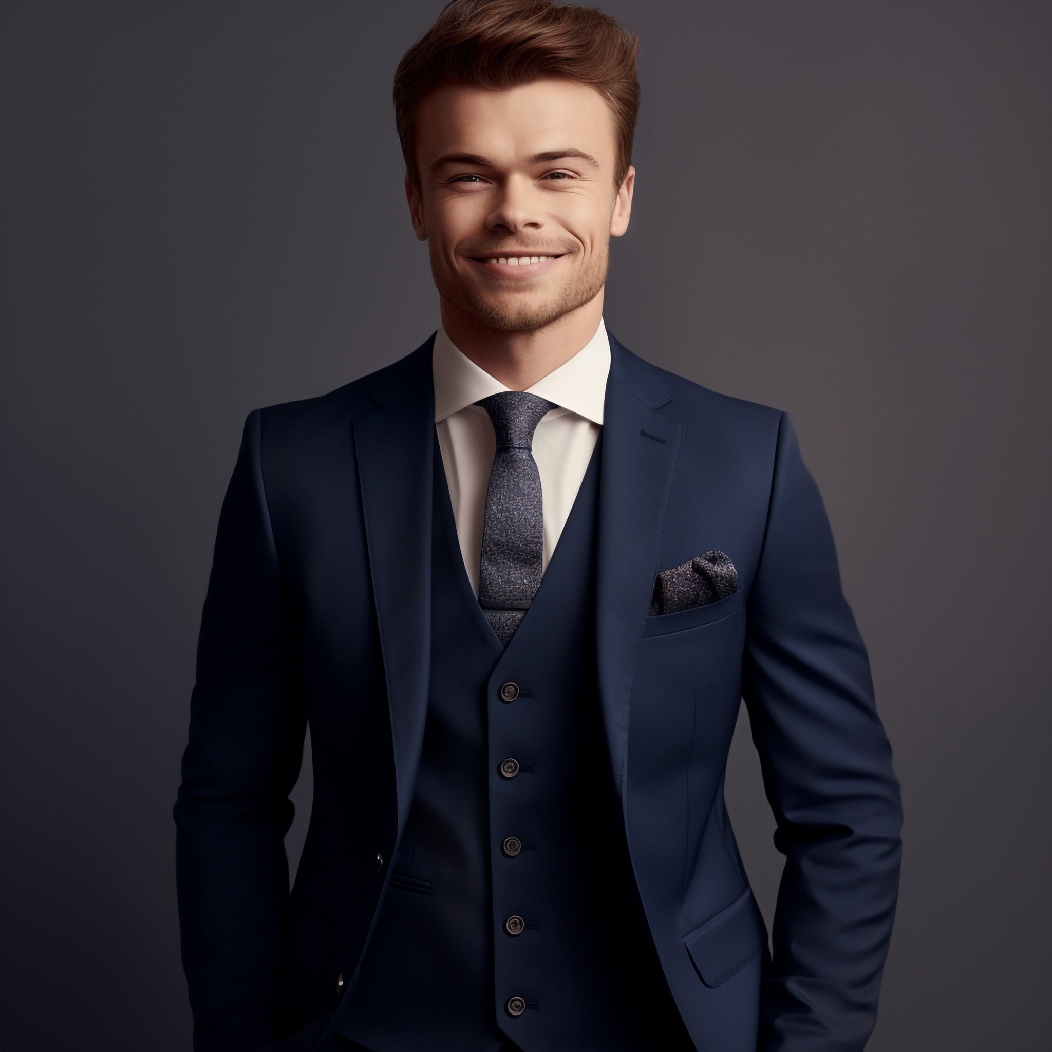 Custom tailored plain weave navy men's suit, front view with blazer and trousers for work