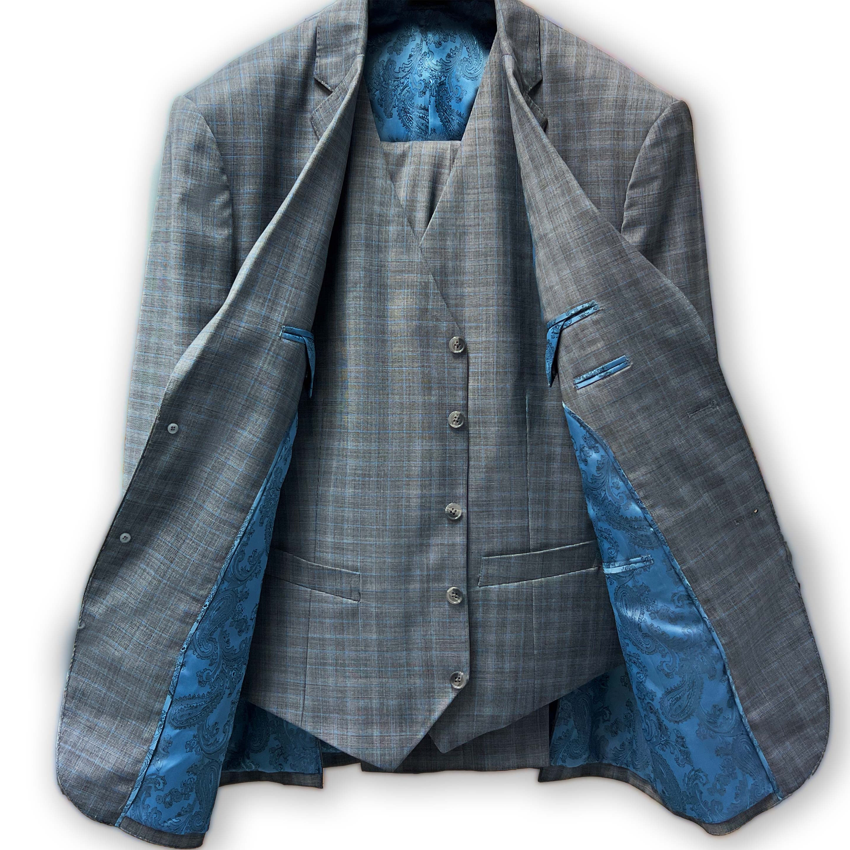 Blue check suit pattern with intricate detailing.