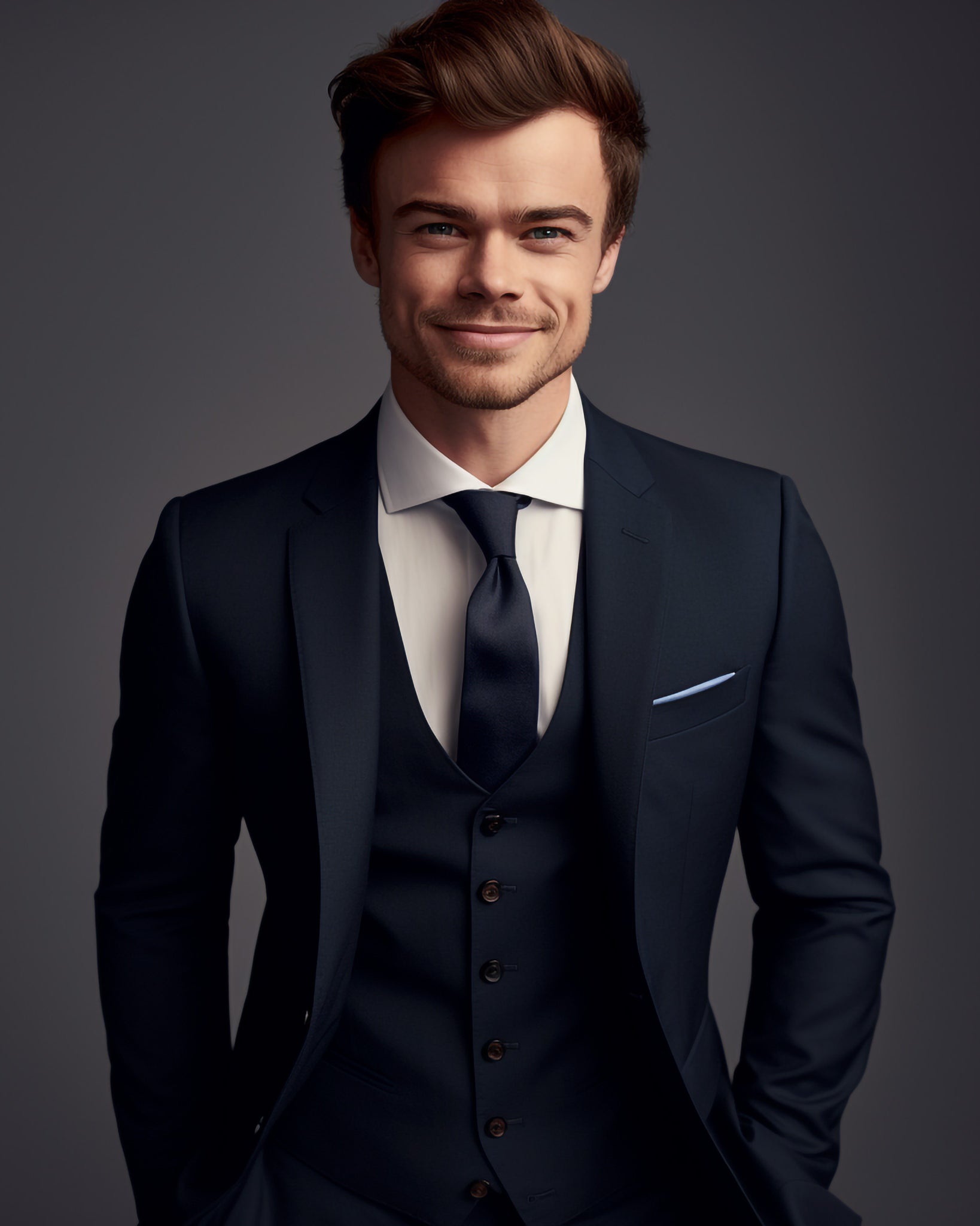 Custom tailored plain weave black men's suit, front view with suit jacket and trousers for work