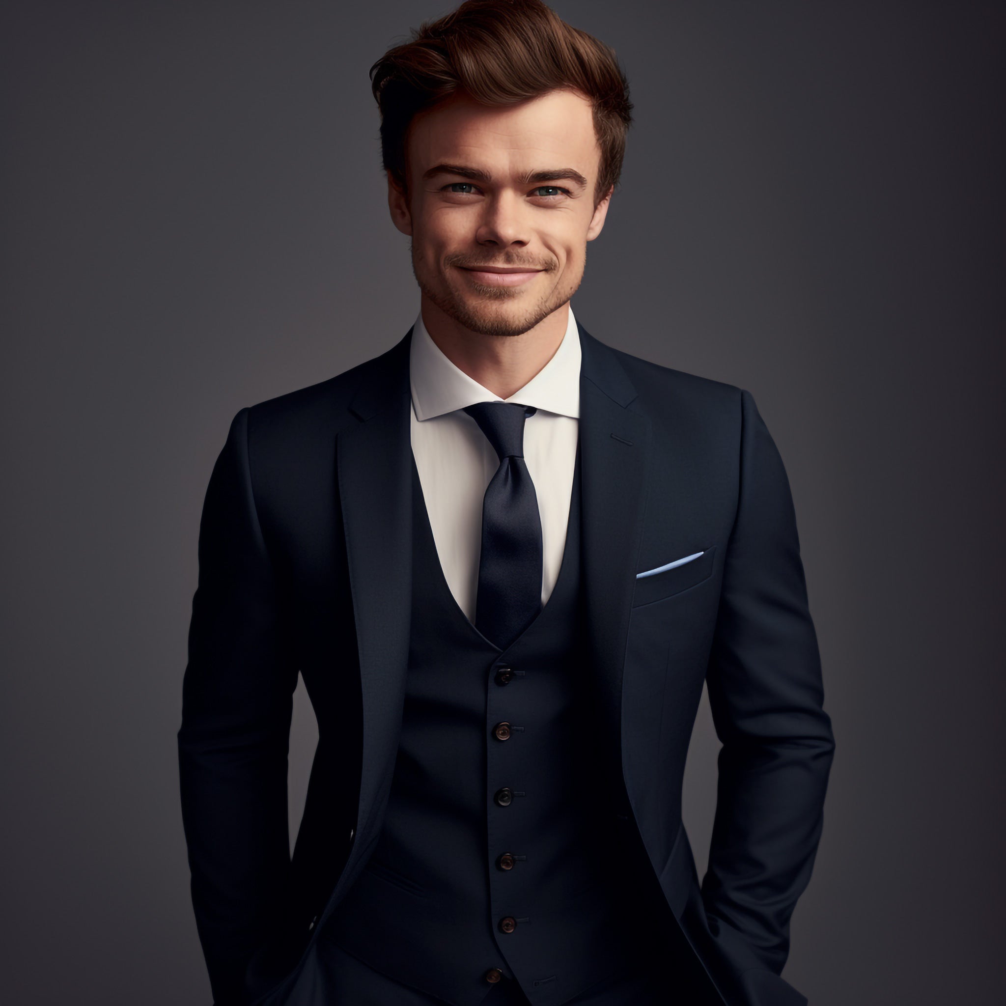 Custom tailored plain weave black men's suit, front view with suit jacket and trousers for work