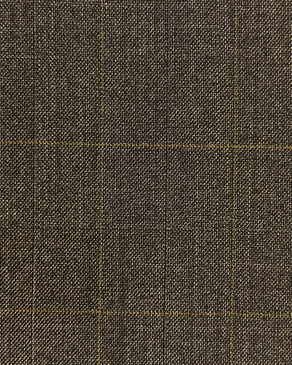 Westwood Hart custom tailored men's bamboo suit in medium brown with light brown windowpane design.