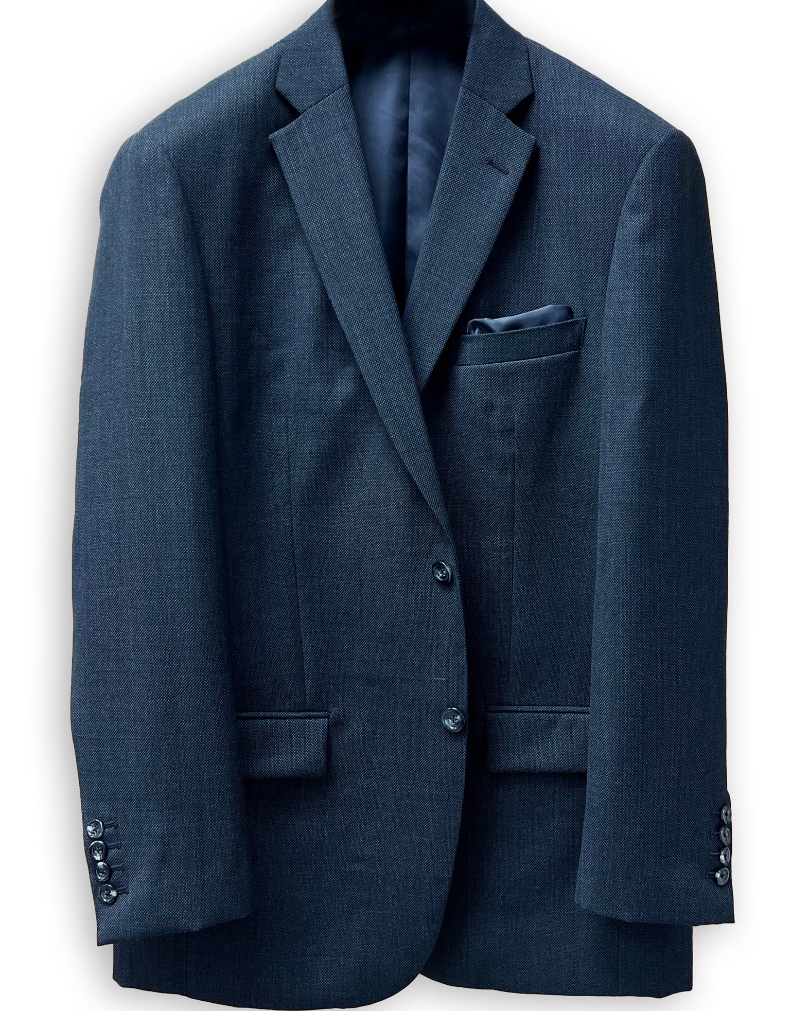 Men's online suit design featuring dark grey birdseye fabric, with a focus on the jacket's inner lining