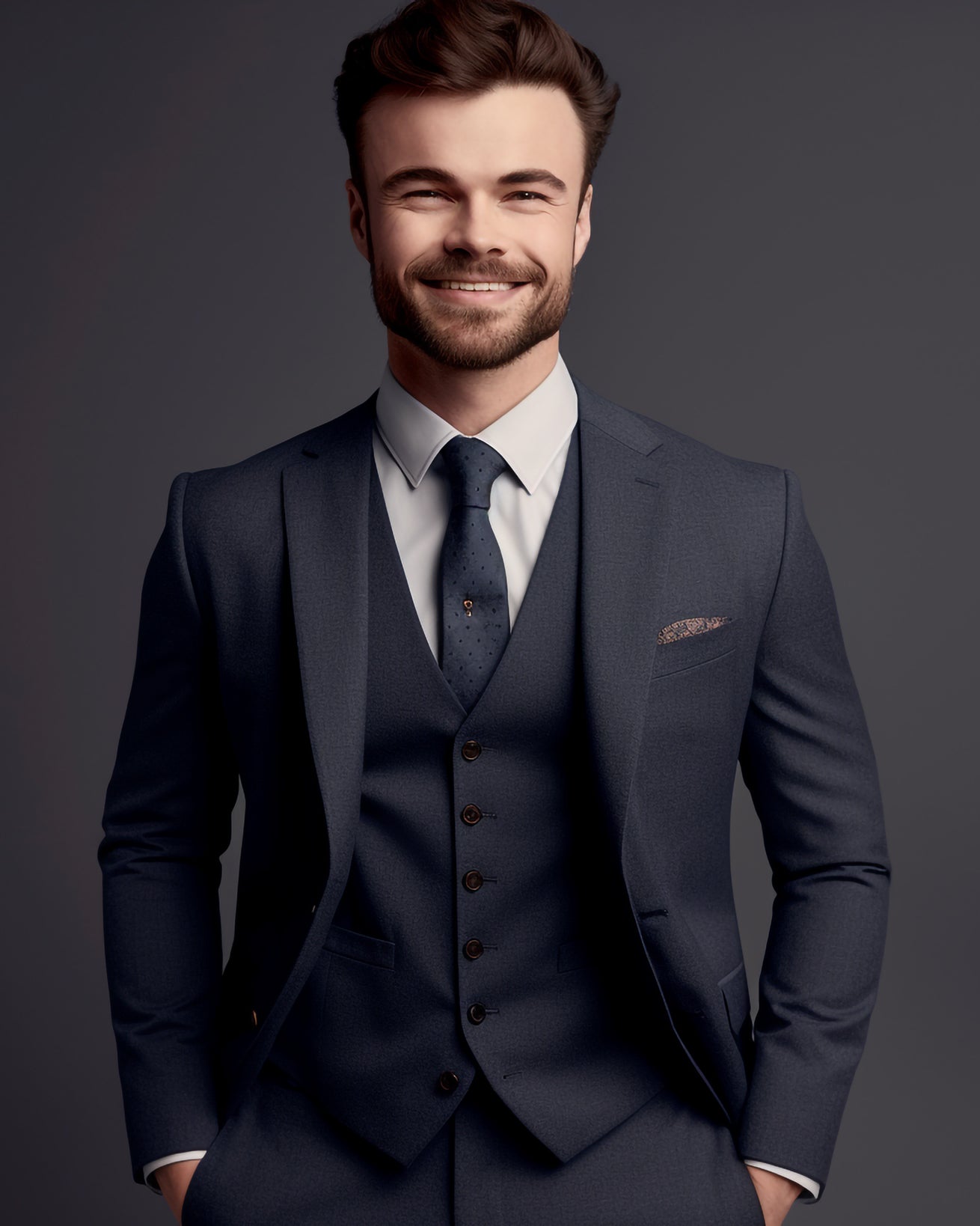 Custom tailored dark grey birdseye men's suit, front view with blazer and trousers for work