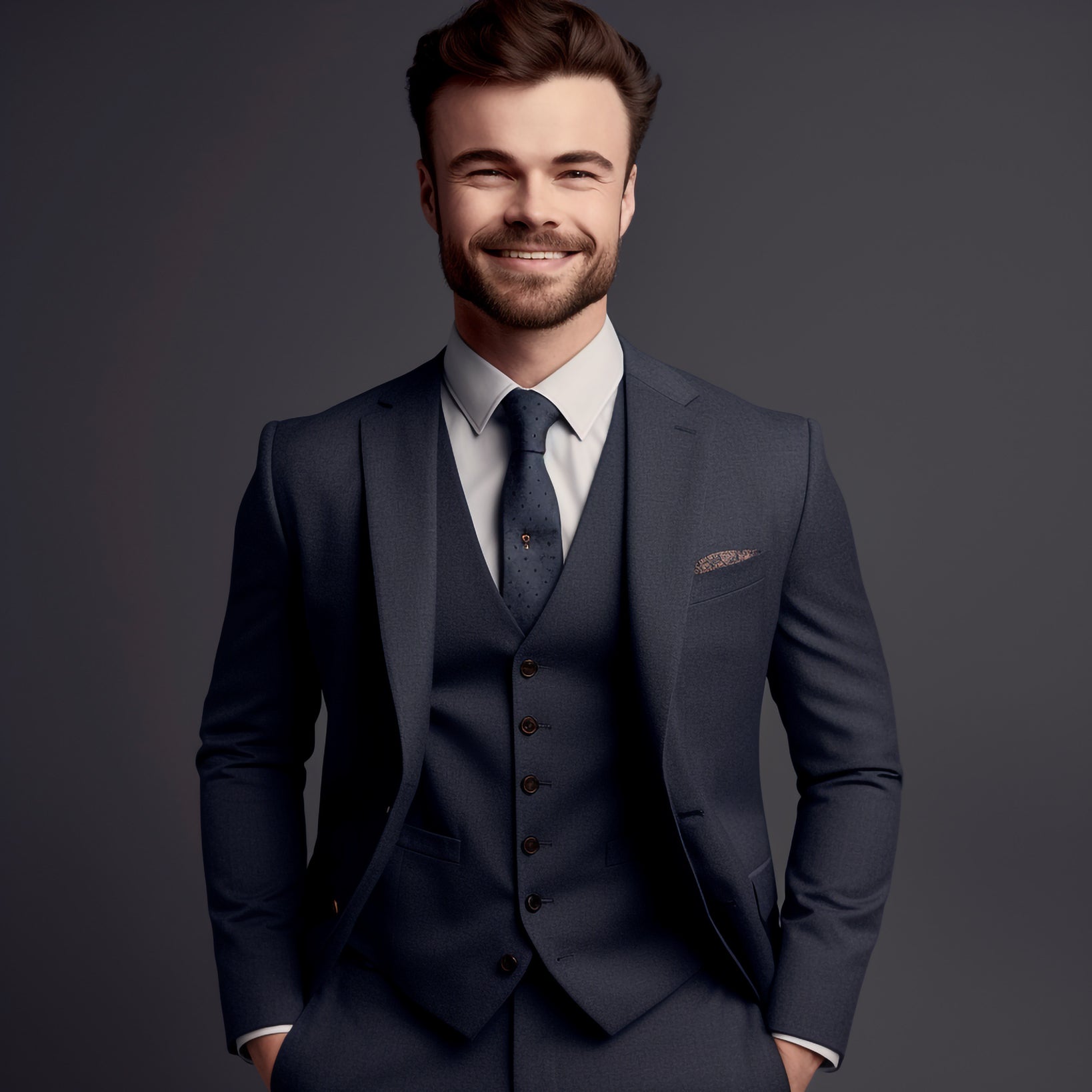 Custom tailored dark grey birdseye men's suit, front view with blazer and trousers for work