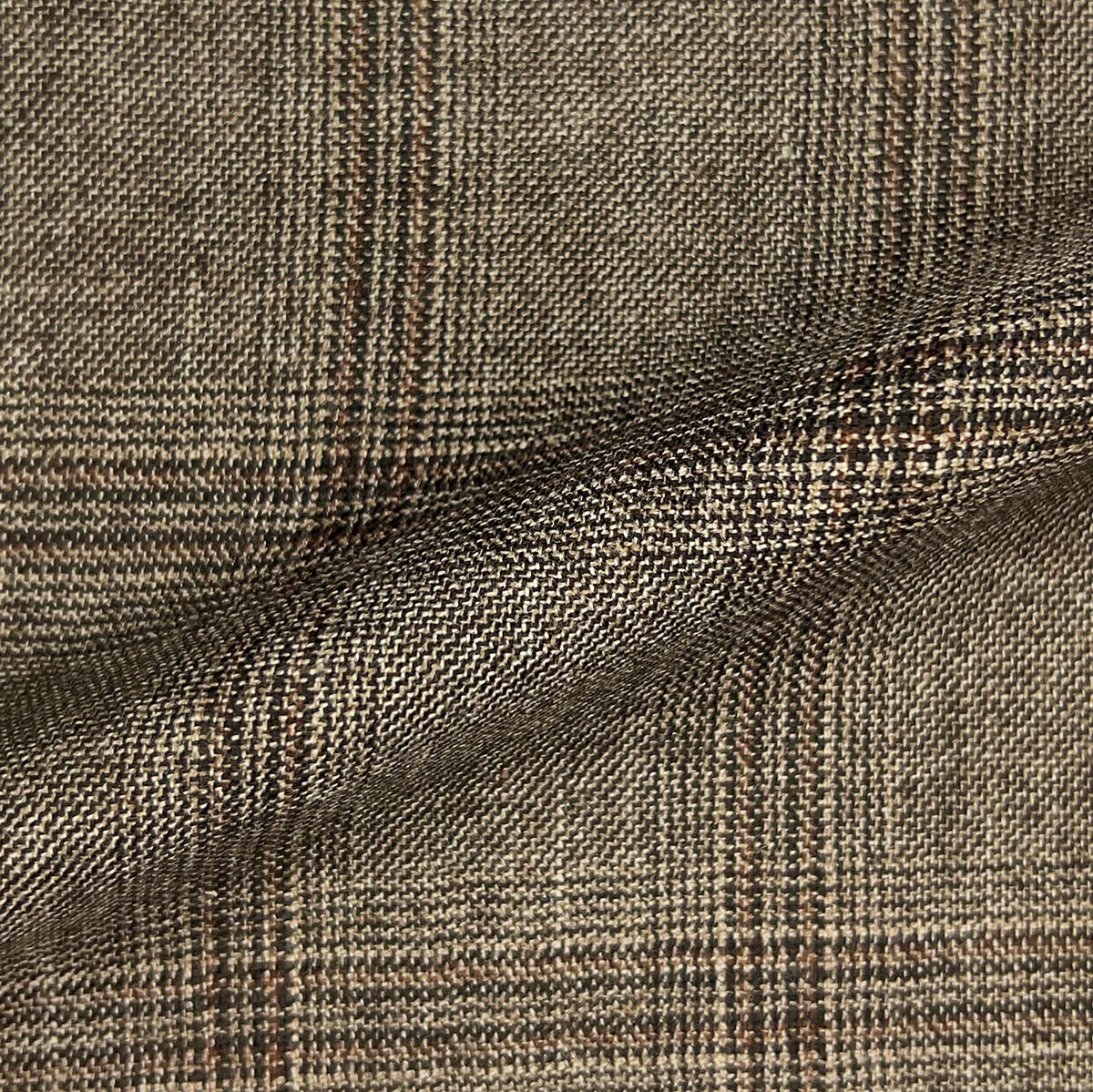 Westwood Hart custom tailored men's bamboo suit in steel brown with rust windowpane design.