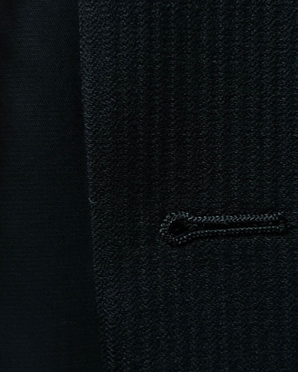 Image highlighting the buttonhole stitching on the jacket, demonstrating fine craftsmanship.