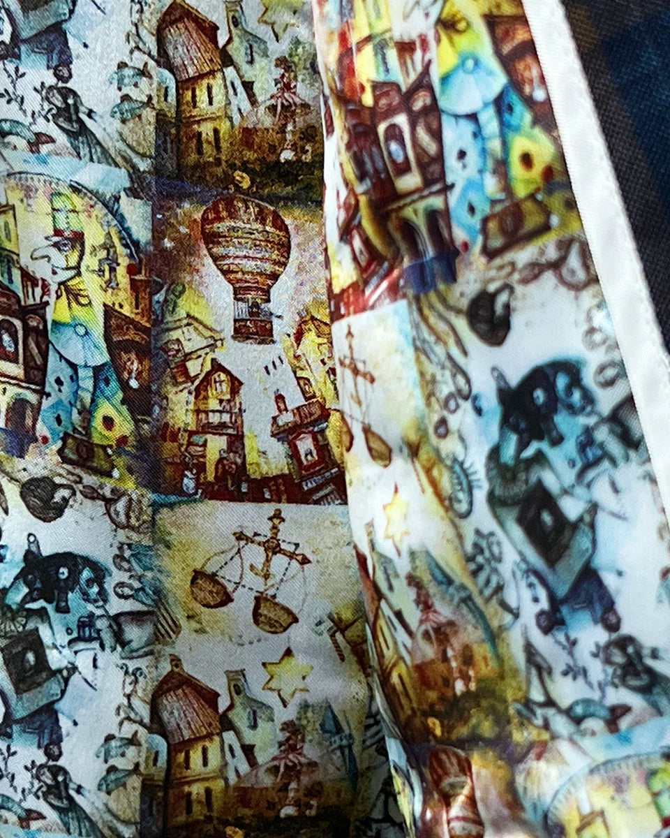 Detailed view of the flash linings, depicting scenes from the Wizard of Oz inside the sportcoat.