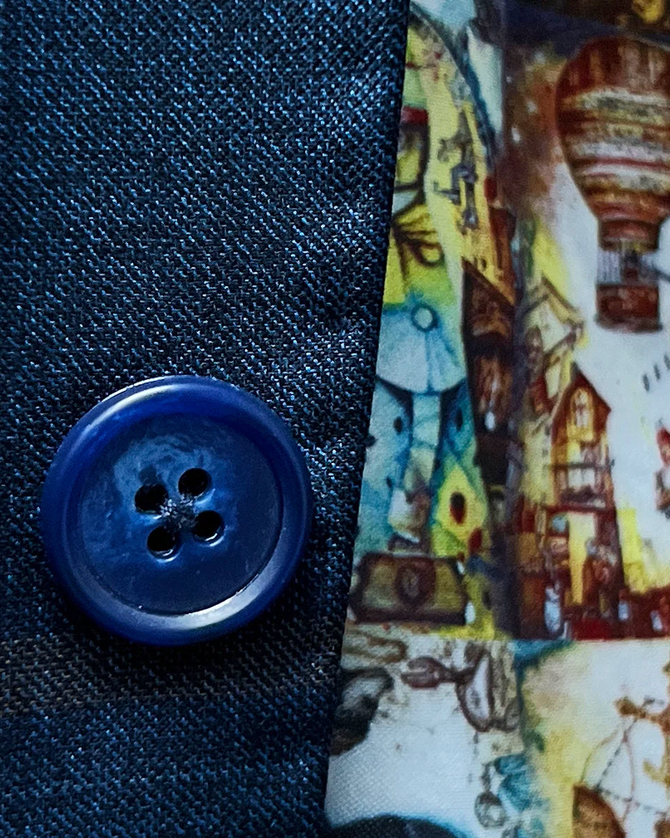 Close-up of the blue horn marble buttons, adding a refined detail to the sportcoat.