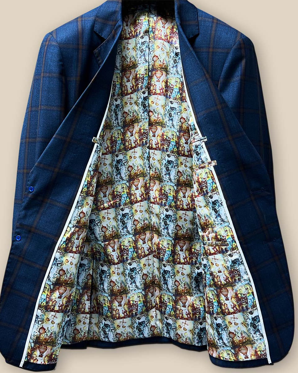 Full view of the sportcoat's interior, displaying the intricate Wizard of Oz scenes on the flash lining.