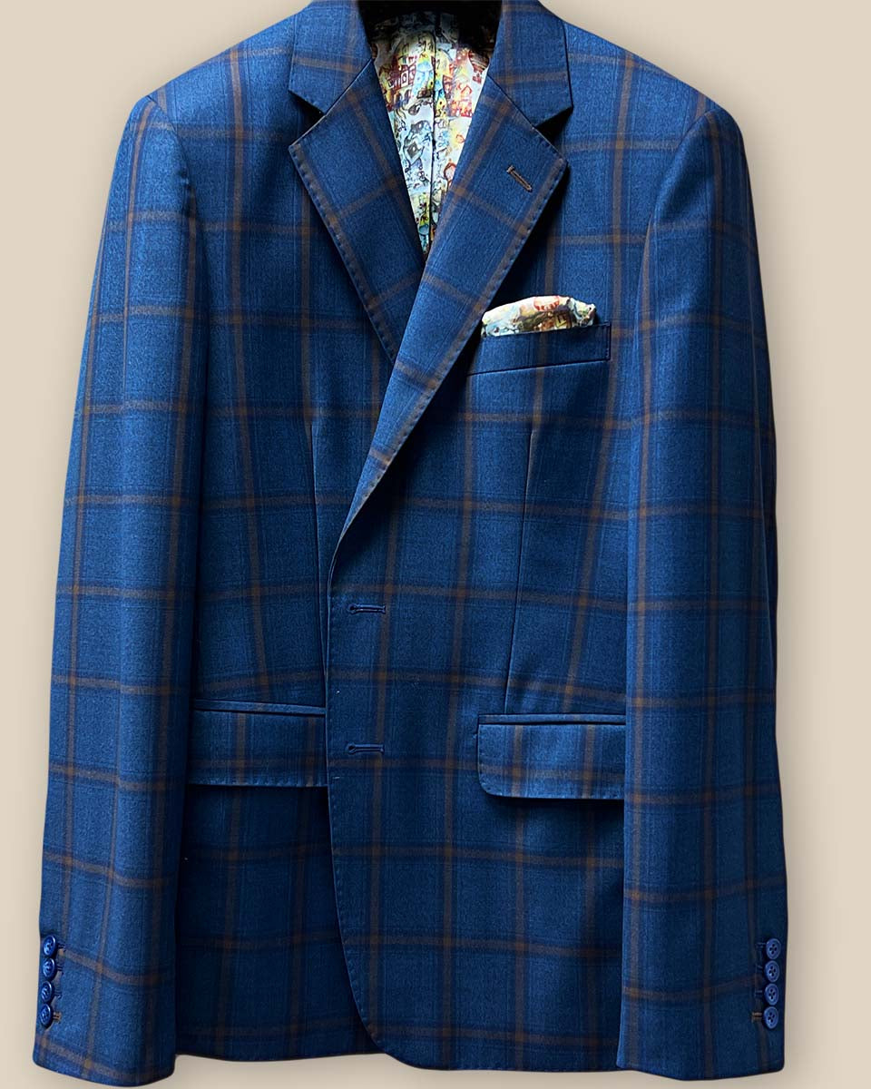 Close-up of the jacket buttonhole panel showcasing the blue with bronze windowpane pattern and brown accent buttonholes.