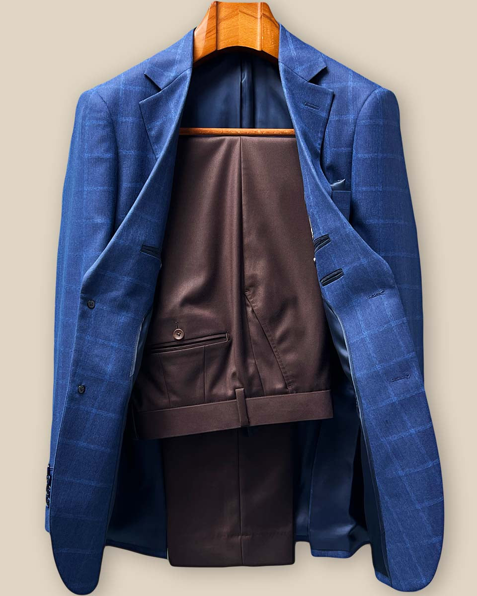 Indigo Blue Windowpane sport coat paired with coordinating trousers, displaying the elegant windowpane pattern and perfect proportions