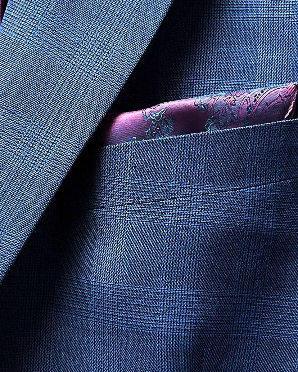 View of the built-in pocket square in the suit jacket, adding a touch of elegance.