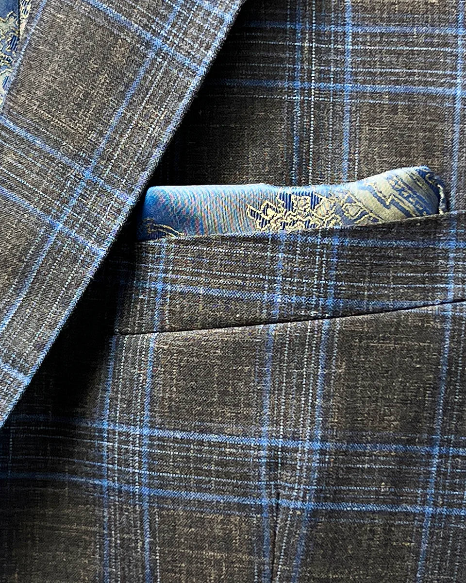 View of the built-in pocket square on the sportcoat, adding a stylish touch.
