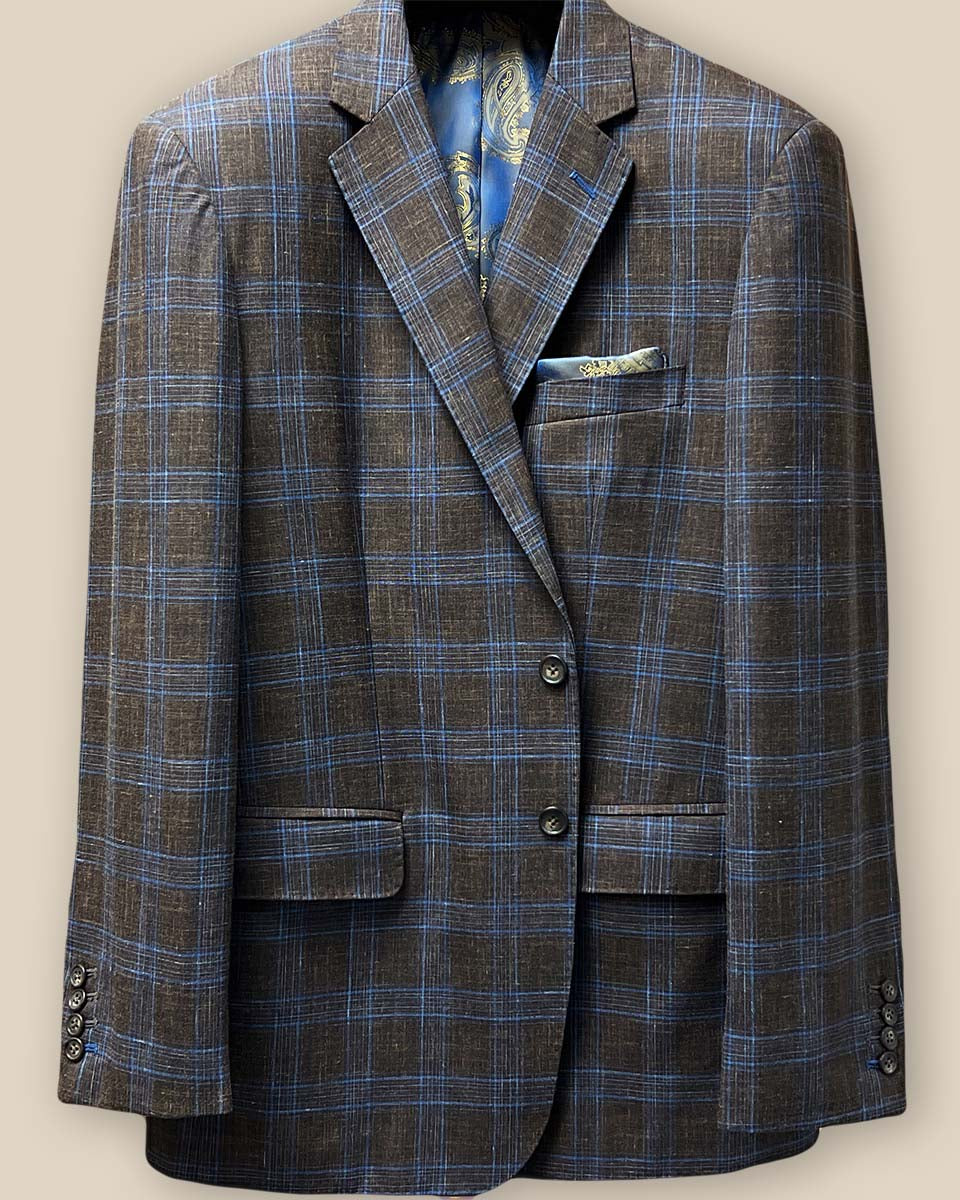 Close-up view of the jacket button panel with brown corozo buttons.