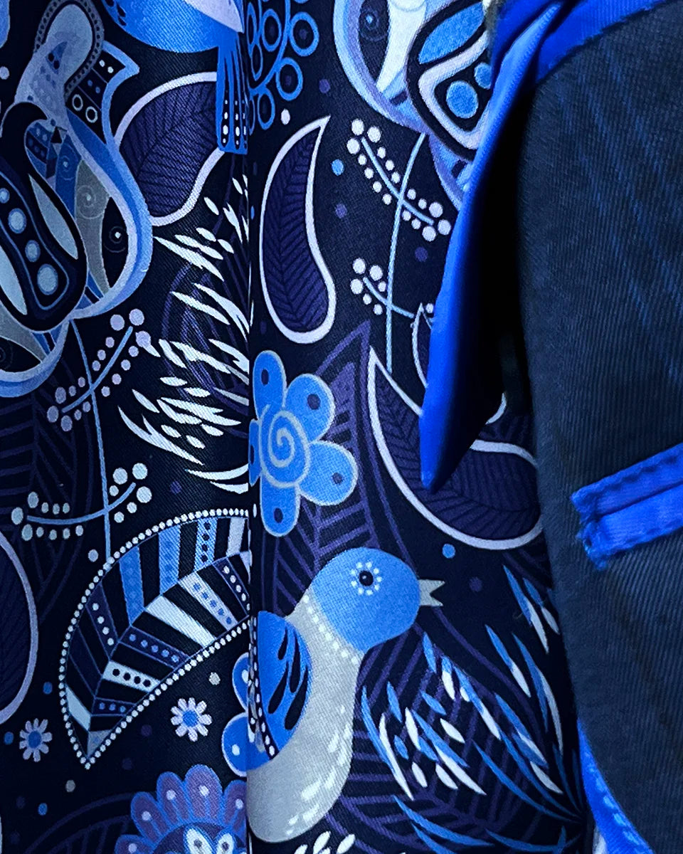 Interior view highlighting the flash linings of the dark blue windowpane men's sport coat with blue and white aviary motif.