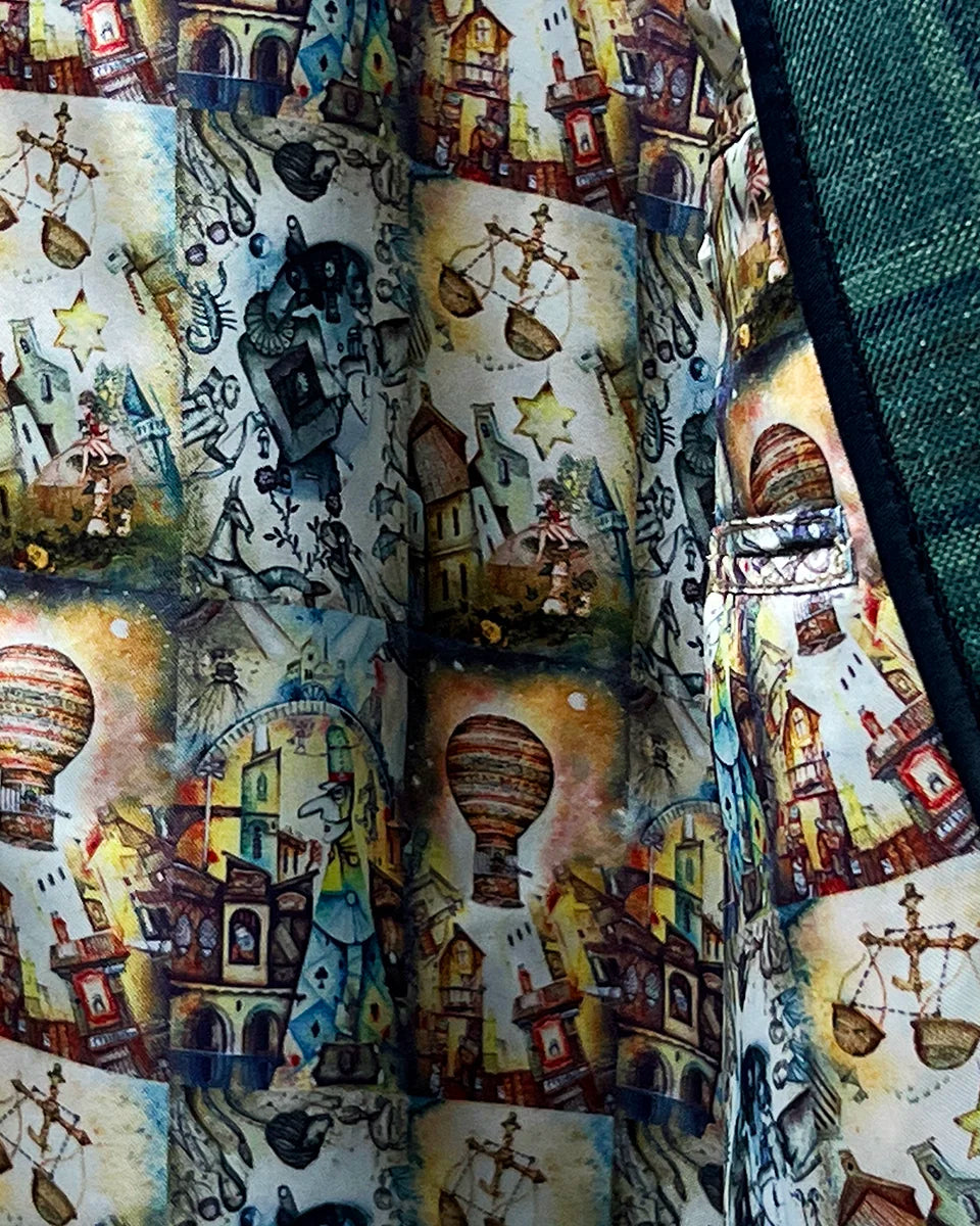 Whimsical Wizard of Oz flash linings inside the Westwood Hart hunter green with navy and chocolate brown plaid mens sport coat.