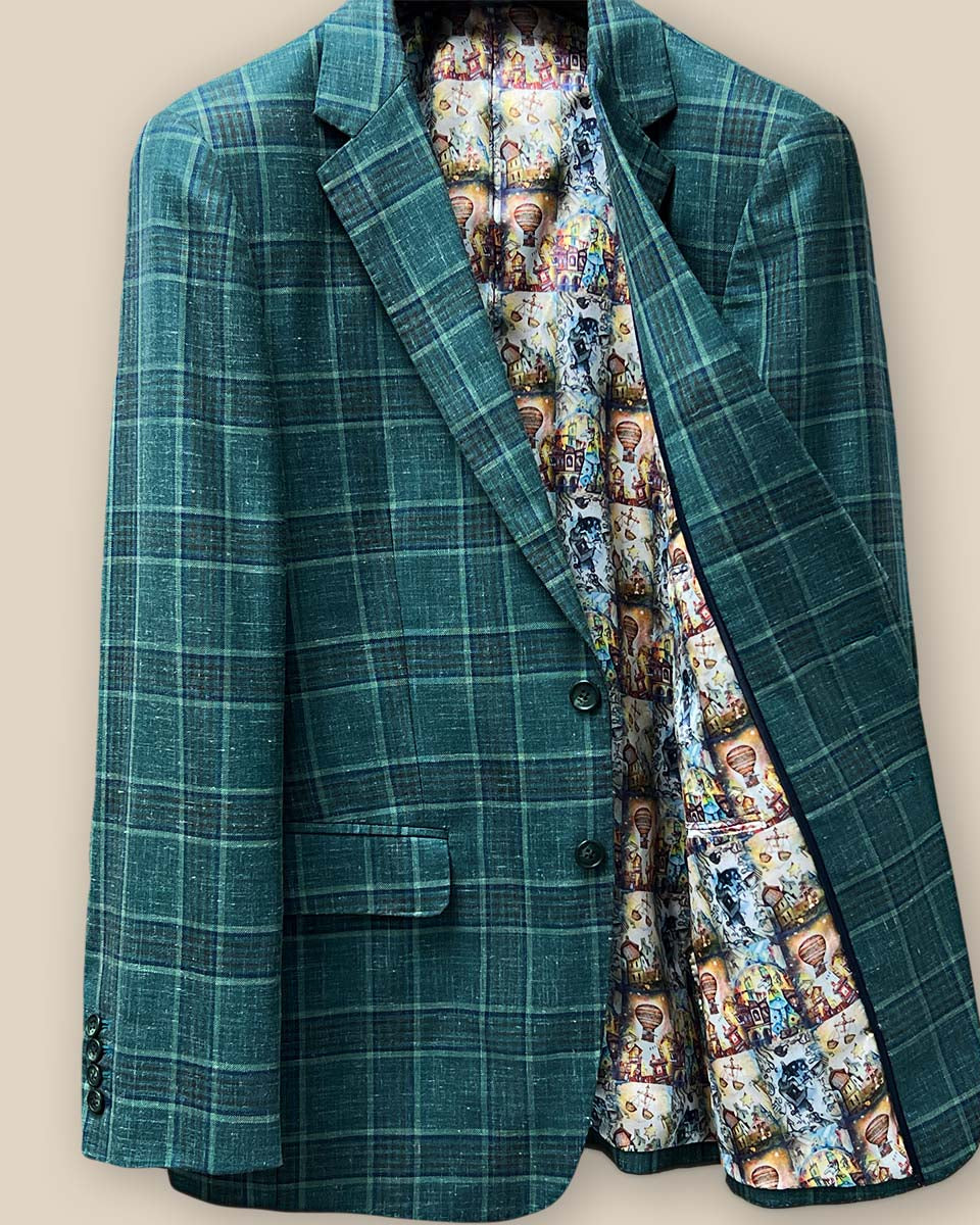 Inside left view of the Westwood Hart hunter green with navy and chocolate brown plaid mens sport coat, highlighting the unique Wizard of Oz flash lining.
