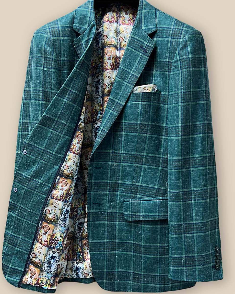 Inside right view of the Westwood Hart hunter green with navy and chocolate brown plaid mens sport coat, displaying the inner pockets and flash lining.