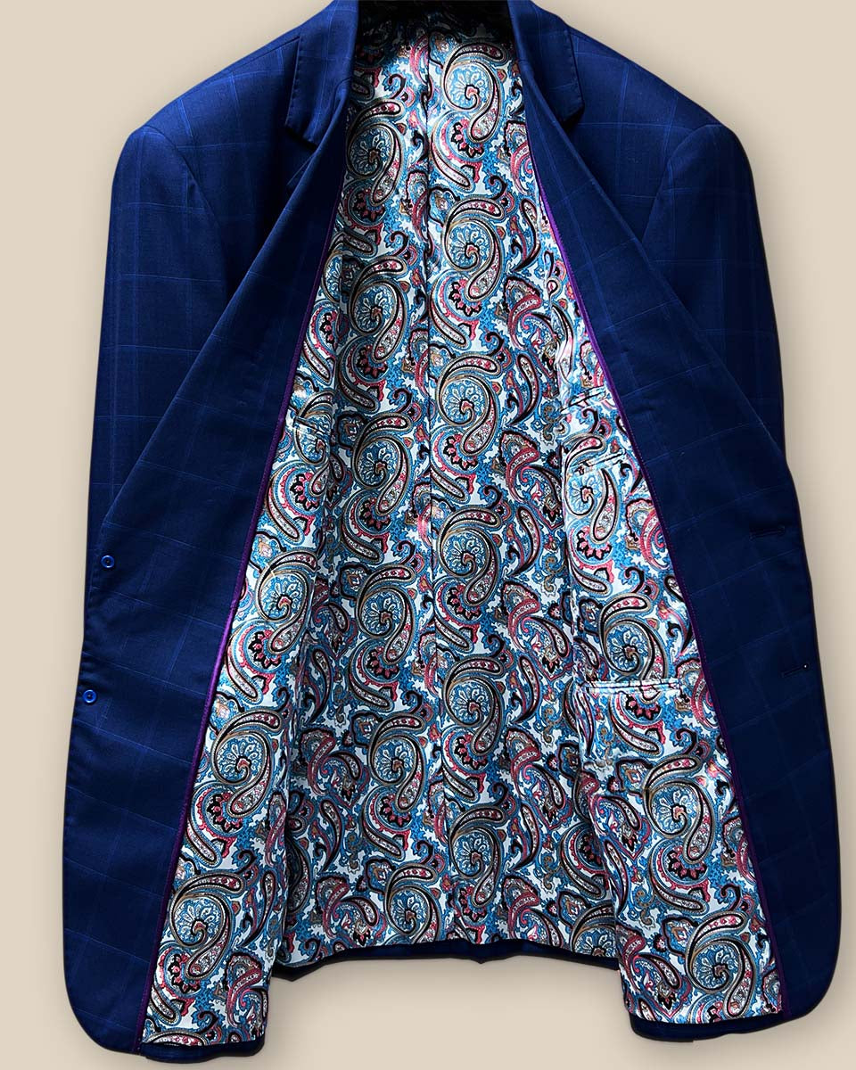 Full view of the jacket's interior lining displaying the vibrant multi-color fancy paisley pattern.