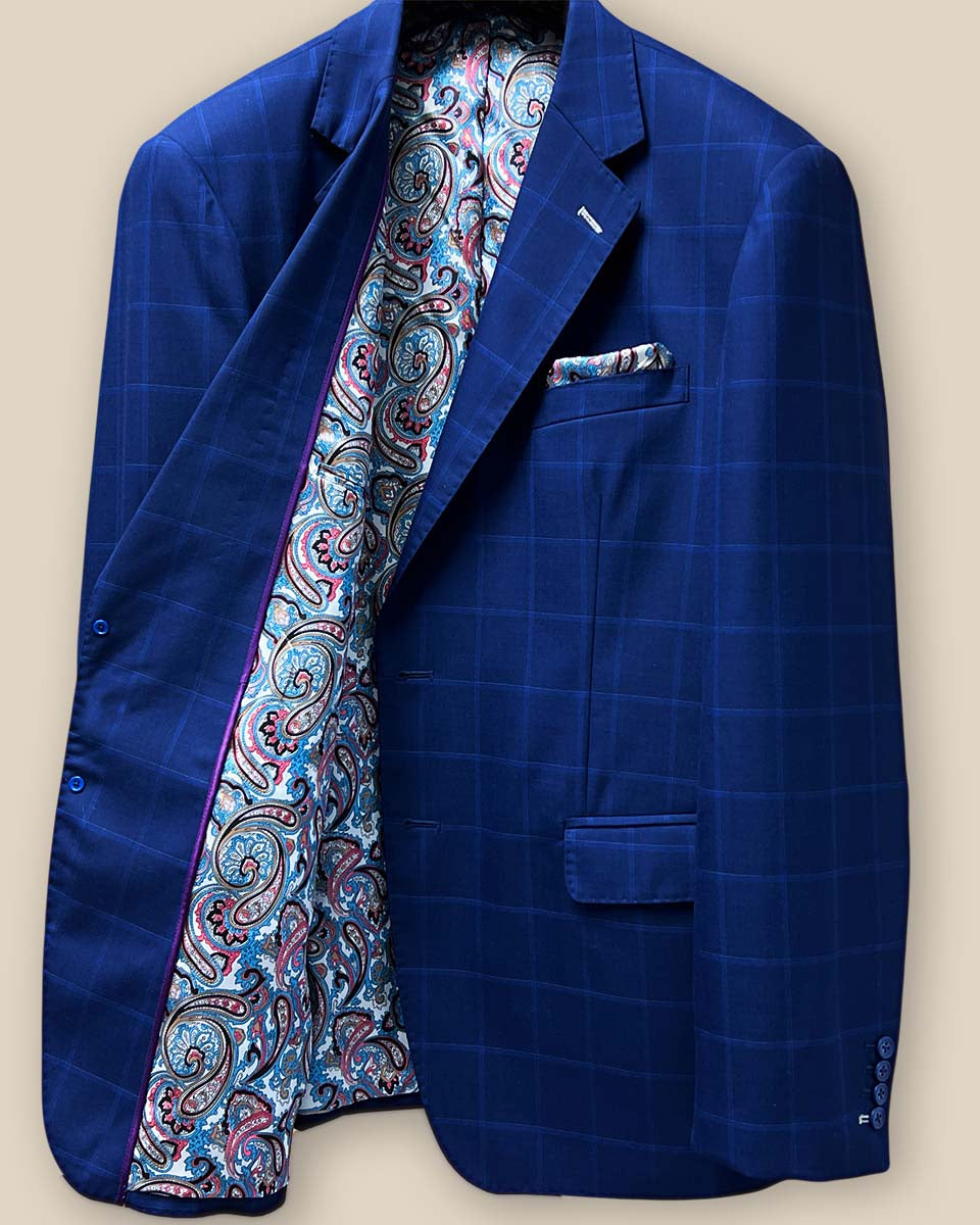 Interior view of the right side of the jacket showing the multi-color fancy paisley lining and detailed craftsmanship.