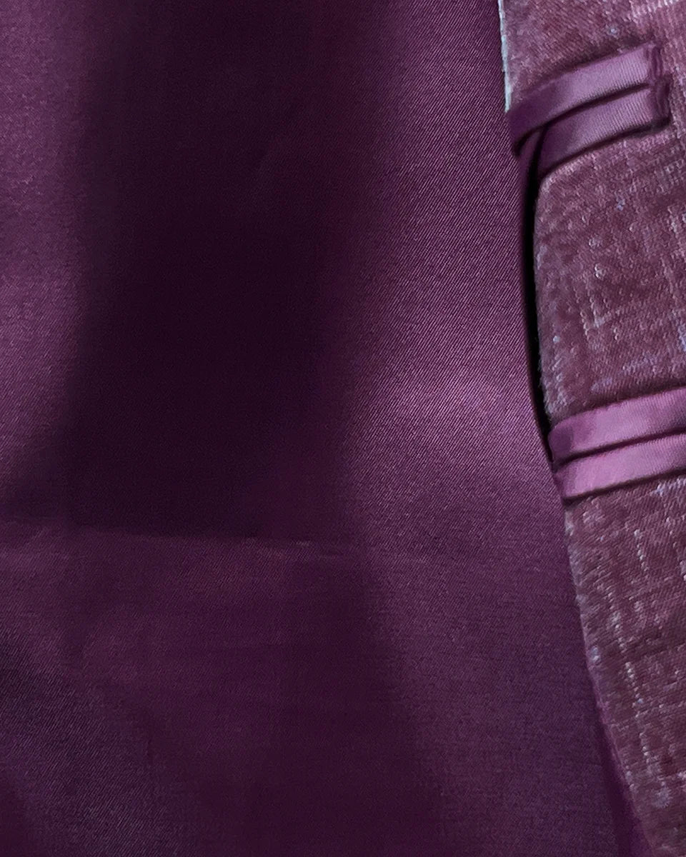 Maroon bemberg silk lining inside a cranberry men's suit by Westwood Hart, ensuring comfort and luxury.