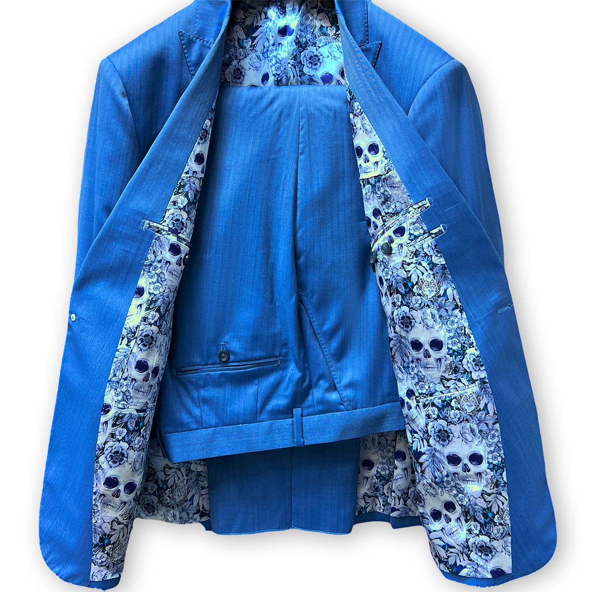 Ideal for grooms, a blue herringbone men's suit crafted from 100% Australian Merino wool.